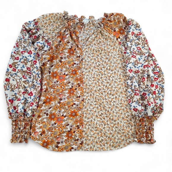 Umgee Patchwork Floral Blouse Cottagecore Boho Peasant Top Women Size Large - Picture 1 of 6